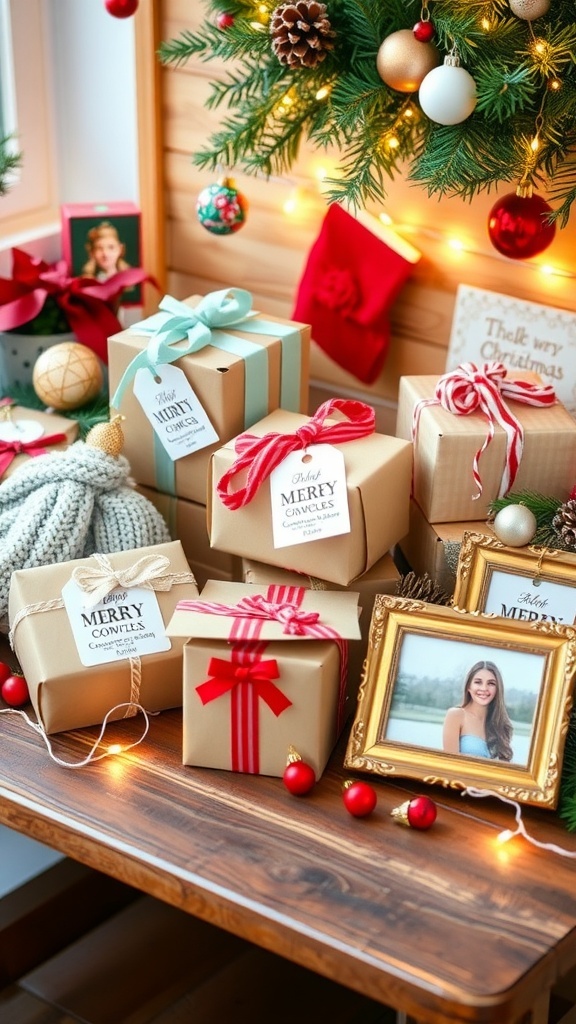 A collection of DIY Christmas gifts including ornaments, scarves, and photo frames on a wooden table with holiday decorations.